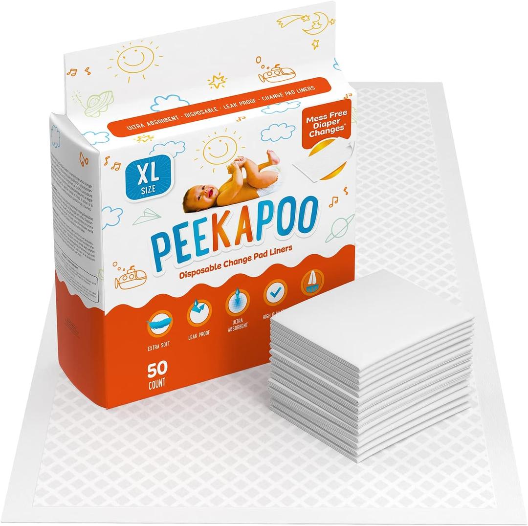 Peekapoo X-Large (30"x18") Disposable Changing Pads for Baby  Portable Changing Pad Liners for Mess Free Travel, Ultra Absorbent, Waterproof and Super Soft, 50 Count