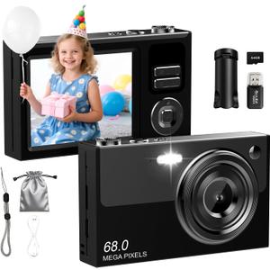Digital Camera for Kids & Beginners, 4K Digital Camera with 64GB SD Card 16X Zoom Anti-Shake, Compact Point and Shoot Camera with 2.8" Screen, Portable Small Camera for Students, Travel & Gifts Black