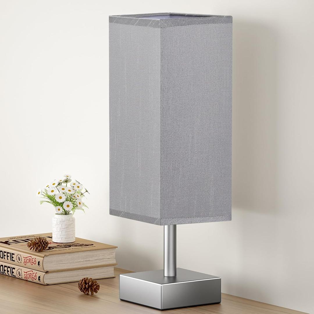 aooshine Grey Table Lamp - Bedside Lamp for Bedroom, Minimalist Nightstand Lamp with Square Fabric Shade, Desk Lamp for Kids Room Dorm (12.8in)
