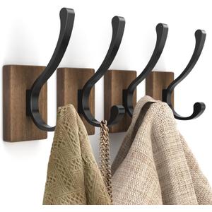 Wood Wall Hooks for Hanging - 4 Pack Hooks Wall Mounted, Wooden Rustic Farmhouse Heavy Duty Towel Hooks, Hooks for Coats, Towel, Hat, Keys, Purse, Bag and Robe