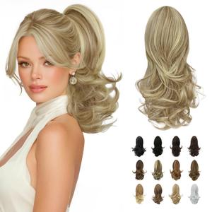 SOFEIYAN 13" Ponytail Extension Long Curly Ponytail Clip in Claw Hair Extension Natural Looking Synthetic Hairpiece for Women, Light Ash Brown & Bleach Blonde