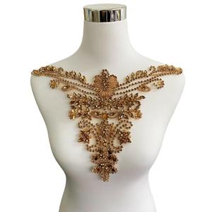 Exquisite Shiny Clothing Decorative Appliques Pure Hand-Sewing Beads Rhinestones Trim Patches Luxurious Design for Clothing Necklines (Champagne)