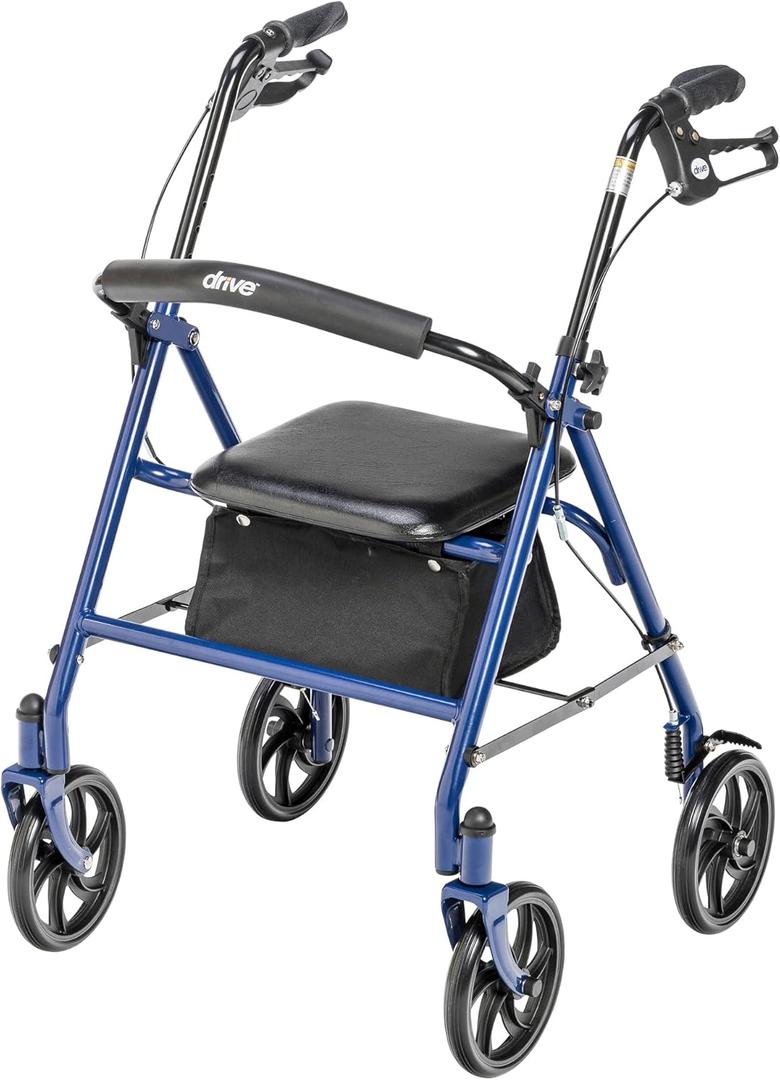 Drive Medical 10257BL-1 4 Wheel Rollator Walker With Seat, Steel Rolling Walker, Height Adjustable, 7.5" Wheels, Removable Back Support, 300 Pound Weight Capacity, Blue