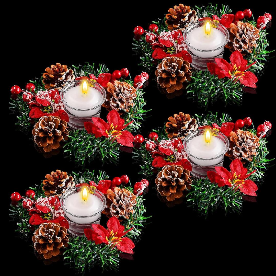 8 Pack 7 Inch Christmas Poinsettia Candle Ring, 4 Pcs Poinsettia Candle Holders and 4 Pcs Tealight Glass Wreath Table Centerpiece with Red Berries Snowy Pine Needles Votive for Xmas Home Party Decor