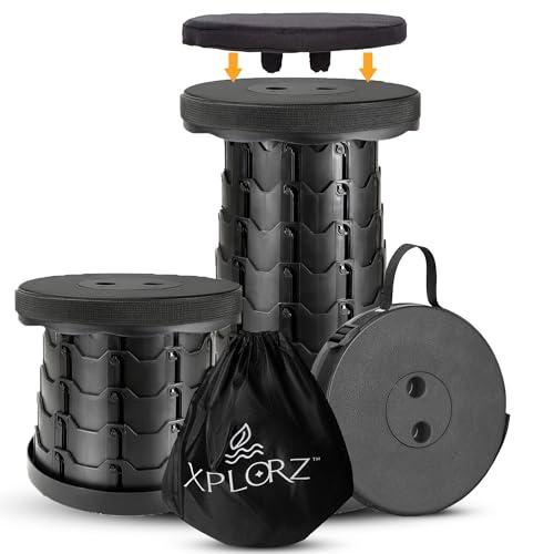 XPLORZ Upgraded Portable Folding Stool with Seat Cushion and Nylon Bag Adjustable Stool with 350lbs Load Capacity Collapsible Camping Stool for Adults Outdoor Travel, Fishing. (1, Black)