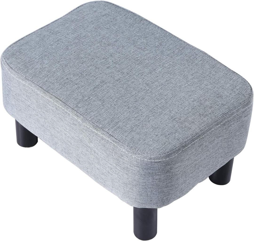 IBUYKE 16.54" Small Footstool Linen Fabric Pouf Ottoman Footrest Modern Home Bedroom Rectangular Stool, with Padded Seat Pine Wood Legs, Gray Blue RF-BD214-D (Light Grey Small)