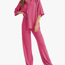 SHEWIN Women's 2 Piece Outfits Waffle Knit Lounge Sets Casual Short Sleeve Button Down Sleepwear Pajamas Set, S