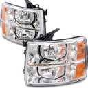 Headlights Assembly for 2007 2008 2009 2010 2011 2012 2013 Chevy Silverado 1500/2007-2014 Silverado 2500HD 3500HD Replacement HeadLamp, Chrome Housing Amber Reflector