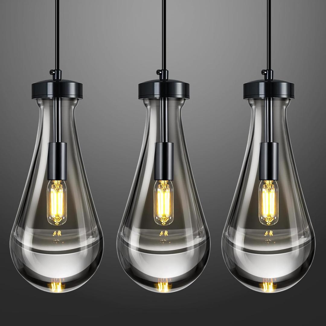 Raindrop Pendant Lights Kitchen Island Teardrop PlatingBlack Hanging Light Fixtures Clear Solid Glass Pendant Light Modern Chandeliers for Dining Room Porch Corridor Living Room(Black 3-Pack)