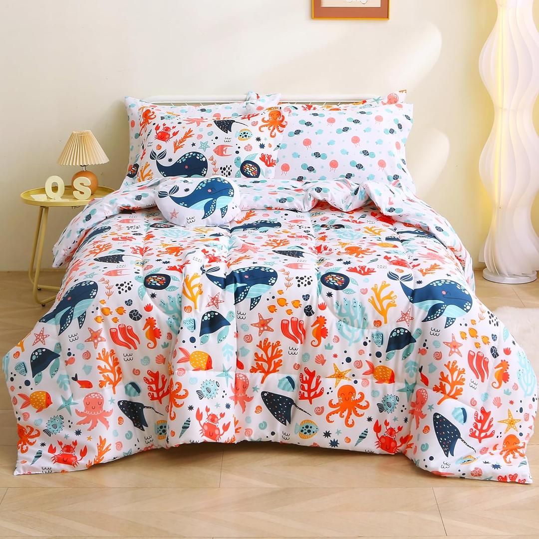 Mooreeke Twin Size Comforter Sets for Kids, 6 Pieces Bed in a Bag Under The Sea Party Bedding Comforter Sheet Set with Shams and Decorative Toy Pillow, Ultral Soft Microfiber Kids Bed Set