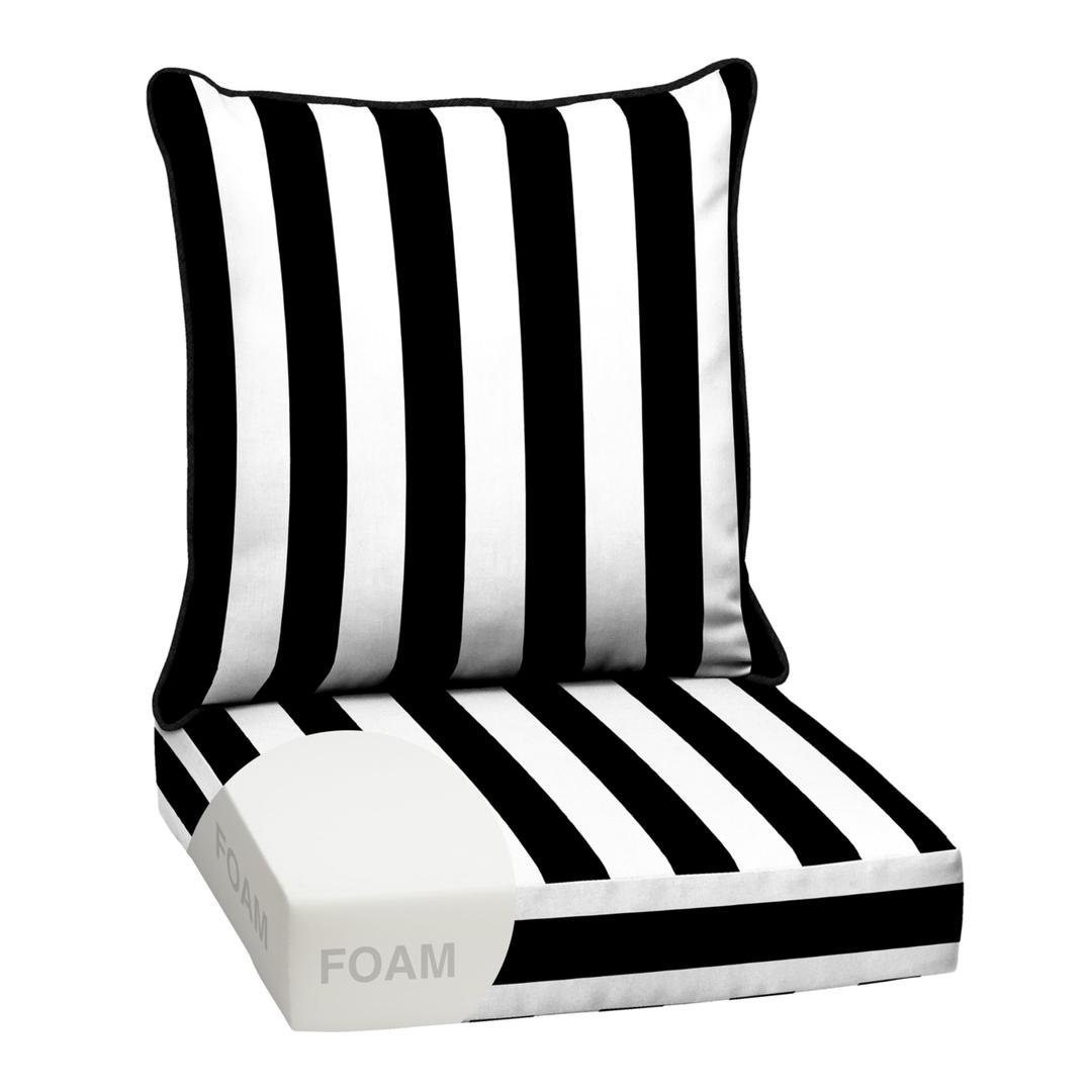 Arden Outdoor Foam Deep Seat Cushion Set, 2-Pack, 24x24, Premium High-Density Foam, Never Flattens, Weather-Proof for Patio Chair Sofa Couch, Black Cabana Stripe