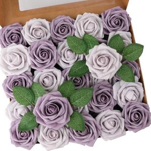 50pcs Artificial FlowerReal Touch Foam Roses w/Stem DIY for Wedding Bouquet Centerpieces Party Shower Home Decor-Violet Lavender Purple