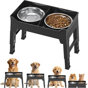 CZPET Elevated Dog Bowls Mess Proof with Splash Guard 4 Heights Adjustable Raised Stand with 2L (67 oz) Stainless Steel Bowls, Lifted Food Water Feeder for Small, Medium & Large Dogs, A06A