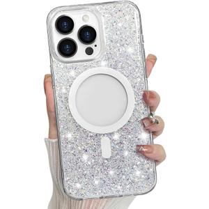 Bonoma for iPhone 16 Pro Case Sparkly Glitter Bling Back, Magnetic Support for MagSafe Shockproof, Crystal and Clear High-Duty Protection for Girls Women-Glitter Crystal