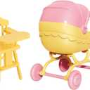 Mini Dollhouse Furniture Set, Baby Stroller and High Chair, Pink and Yellow Miniature Accessories, Kids Pretend Play Toys