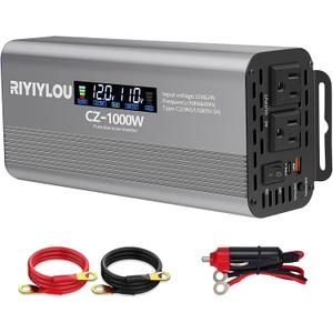 1000W Pure Sine Wave Inverter (2000W Peak), 12V/24V Auto-Detect, 50Hz/60Hz Switchable, LCD Display, Type-C Fast Charging, Silent Design, Overload & Overheat Protection for RV, Home