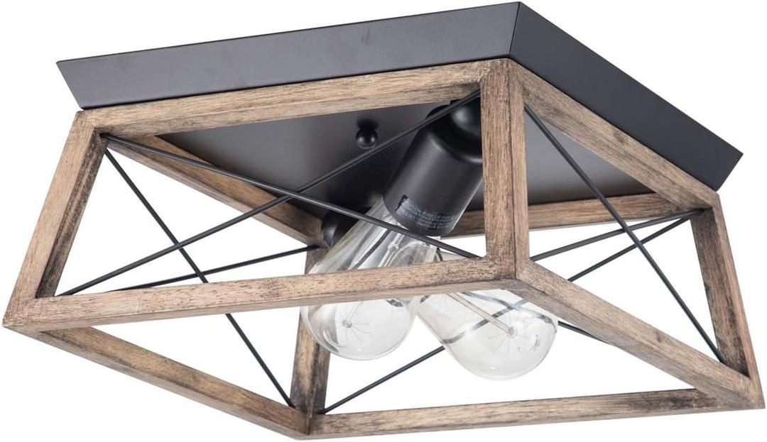 VILUXY Retro Industrial Rectangle Flush Mount Ceiling Light Fixture with Wood Shade for Hallway, Entryway, Passway, Dining Room, Bedroom, Balcony Living Room Two-Light