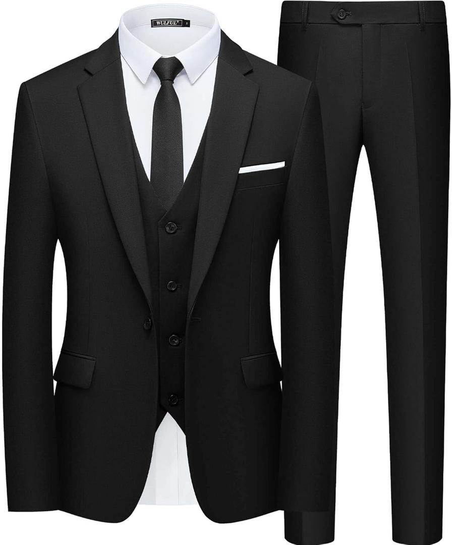 WULFUL Mens Slim Fit Suit One Button 3-Piece Blazer Dress Business Wedding Party Jacket Vest & Pant (X-Small, Black)