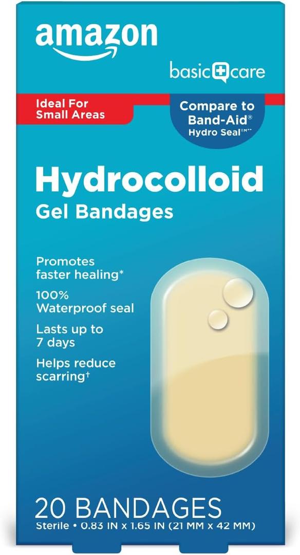Amazon Basic Care Advanced Fast Healing Hydrocolloid Gel Bandages, Adhesive Wound Care Pads, 0.83 x 1.65 in, 20 Count Pack