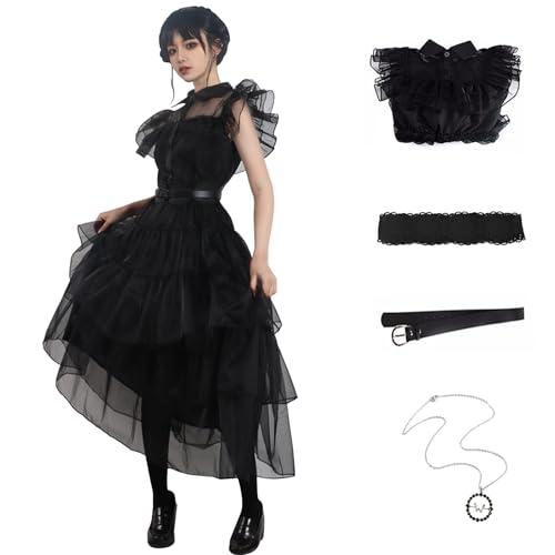 Women Vintage Goth Black Dress Costume Gothic Cosplay Girl Dance Tulle Lace Skirt Halloween Party Outfit with Necklace (M-Black)