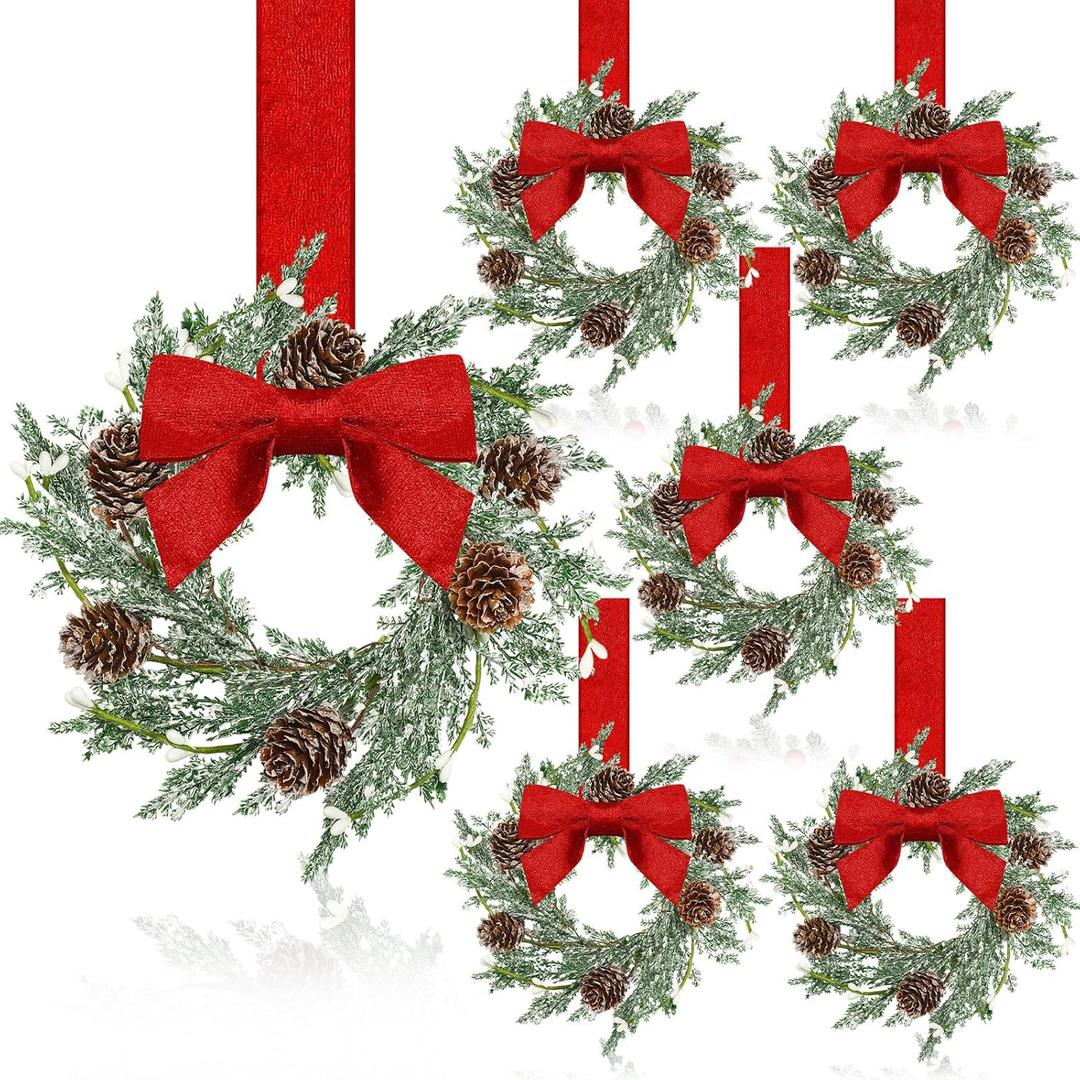 Dingion 6 Pcs 6" Christmas Mini Cabinet Wreaths Cedar for Kitchen with Ribbon Bows Red Berry Frosted Cedar Pine Small Window Wreath for Window Door Home Wall Farmhouse Christmas Party Decorations