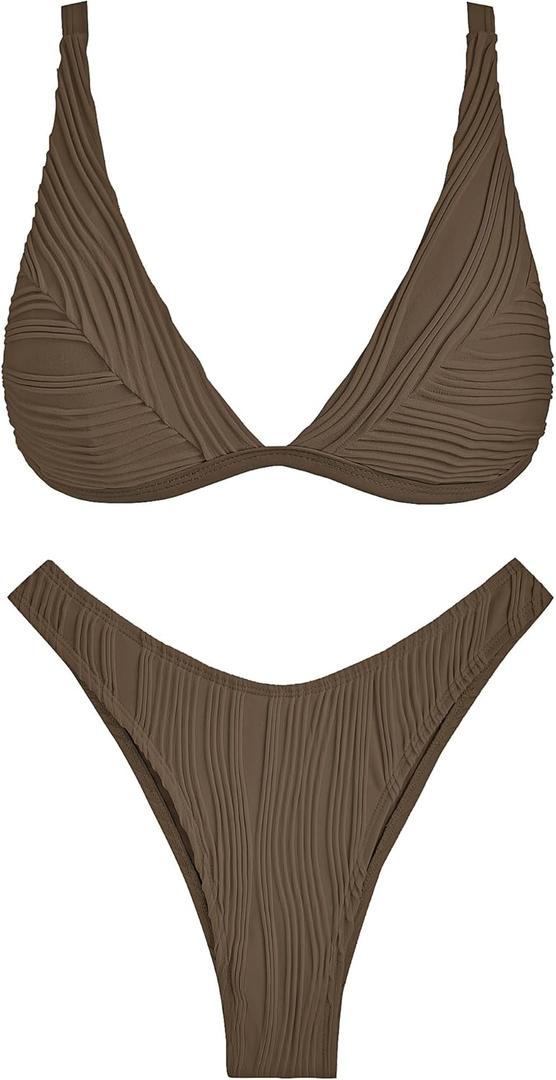 ZAFUL Women's Sexy Two Piece Swimwear Textured Triangle Plunging Neck High Cut Cheeky Bikini Set Solid Color Swimsuit (Large, Deep Coffee)