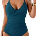 B2prity Women's One Piece Swimsuits Tummy Control Front Cross Bathing Suits Tie Back Slimming V Neck Swimwear S