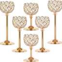 Crystal Candle Holders 2 Set of 6 - Gold Vintage Hollow Ball Candle Stand for Table Centerpiece, Crystal Metal Tealight Candlestick for Wedding, Dining Room Decor