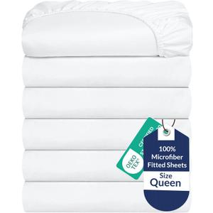 Royale Linens 6 Pack Queen Fitted Sheet Set - Bottom Sheet - Ultra Soft & Breathable - Brushed 1800 Microfiber - Wrinkle & Stain Resistant - Hotel Quality Deep Pocket Stretch Up to 16" (Queen, White)