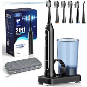 Electric Toothbrush with Water Flosser Combo for Teeth Brushing & Flossing, Sonic Electric Toothbrush for Adults, Cordless Water Flosser for Home & Travel, Portable Travel Case Included