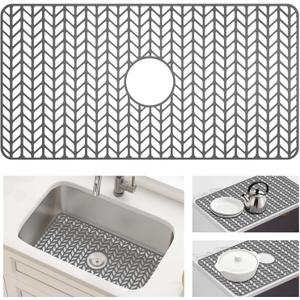 AWOKE Large Silicone Sink Protectors for Kitchen Sink, 30" x 16" Center Drain Hole, Sink Mat for Bottom of Farmhouse Kitchen Stainless Steel Sinks, Raised Feet/Heat Resistant/Non-slip (Gray)