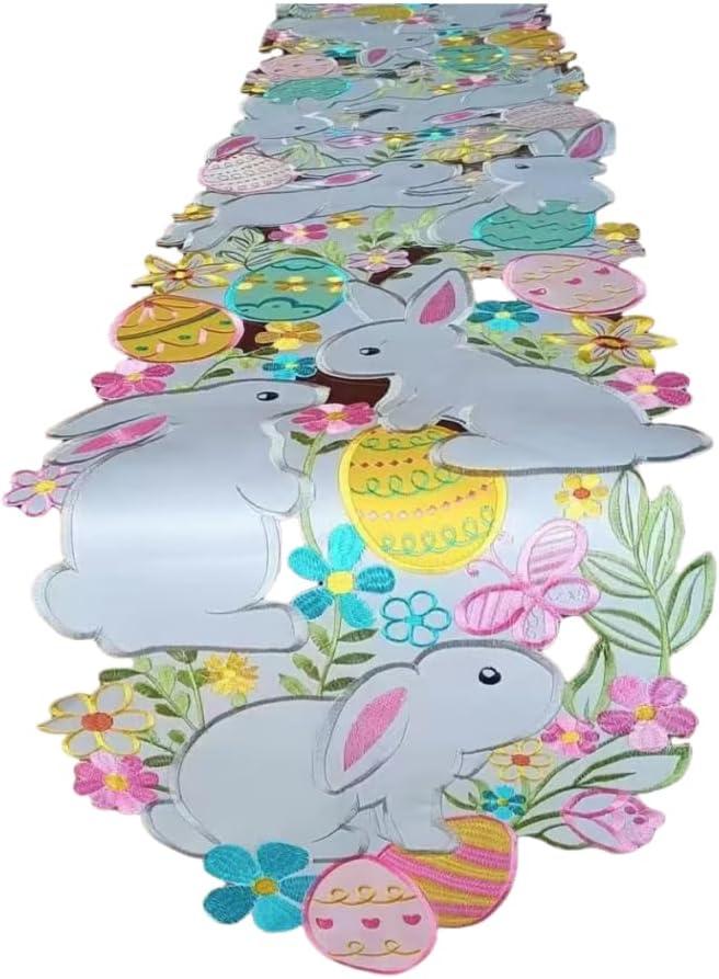 Easter Embroidered Table Runner 70 inches Long with Flowers, Bunny, Eggs, Butterfly Designs, Spring Dining Decoration (14''x70'')