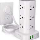 Power Strip Tower with Multiple Outlets, Flat Plug Surge Protector Tower Extension Cord with 12 AC Outlets 4 USB Ports (2 USB C), 6FT Cord Power Tower Surge Protector for Home Office Dorm Room, White