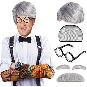 Beelittle Old Man Costume Mad Scientist Wig Set Albert Einstien Ben Benjamin Franklin Grandpa Costume (Gray)