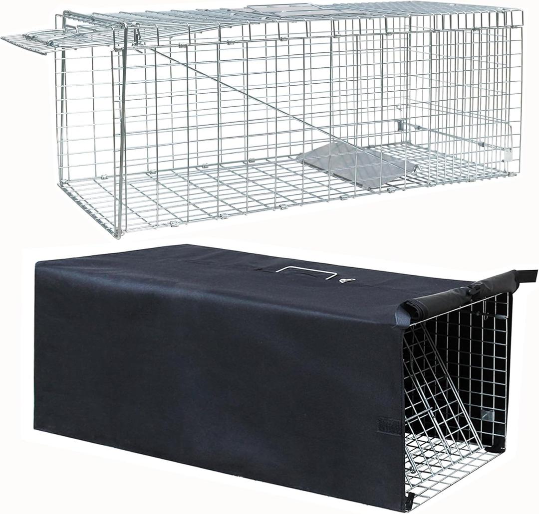 Live Feral Cat Trap Cage with Cover, Heavy Duty Folding Animal Traps Cage for Stray Cats, Humane Cat Trap for Raccoon, Squirrel, Skunk, Catch and Release - (32 x 10 x 12 inches) Live Feral Cat Trap Cage with Cover, Heavy Duty Folding Animal Traps Cage for Stray Cats, Humane Cat Trap for Raccoon, Squirrel, Skunk, Catch and Release - (32 x 10 x 12 inches)