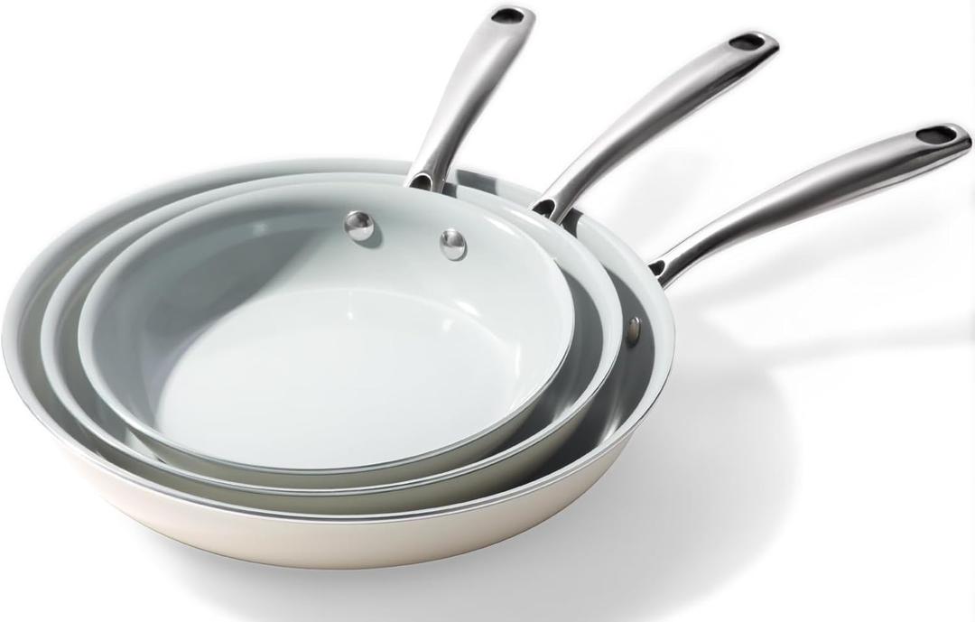 Cookware Ceramic Nonstick Frying Pans: 3Pieces Non Stick Skillet 8 9.5 11 Inches - Healthy Egg Fry Pans - Free of PTFE,PFOA,PFAS (Beige)