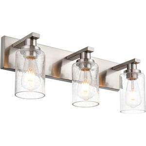 Brushed Nickel Bathroom Vanity Light Over Mirror, 3-Lights Metal Wall Lighting Fixtures with Seeded Glass Shades