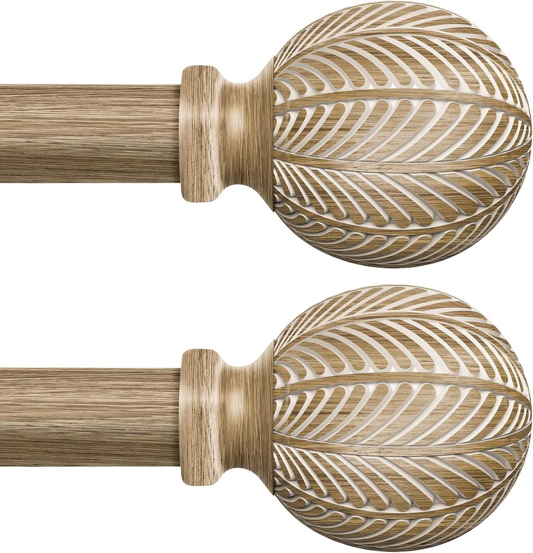 2 Pack Boho Wood Curtain Rods for Windows 10 to 37 Inch,1" Adjustable Window Curtain Rod with Imitation Wooden Grain Finials, Decorative Farmhouse Rustic Drapery Rods, 18-45'', Weathered Wood