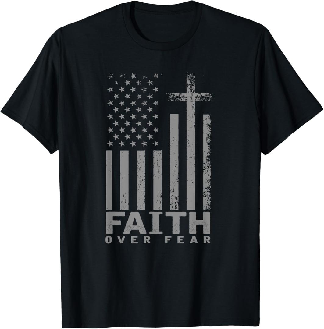 America Pride US Flag Faith Over Fear Prayer T-Shirt (Small, Black)
