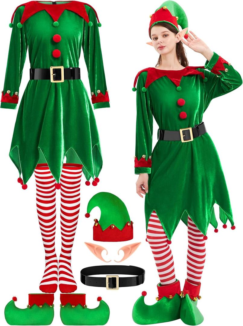 6 Pack Elf Costume for Women Christmas Outfit Velvet Dress Santa's Helper Costume Belt Socks Elf Hat Shoes Cosplay (Medium, Red Collar)