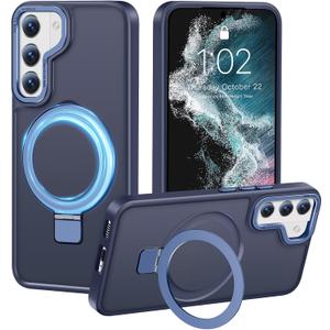 Compatible with Samsung Galaxy S22 Case with Magnetic Ring Stand, Military Drop Protection, Anti-Scratch/Anti-Fingerprint Translucent Matte Case for Samsung Galaxy S22 (Dark Blue)