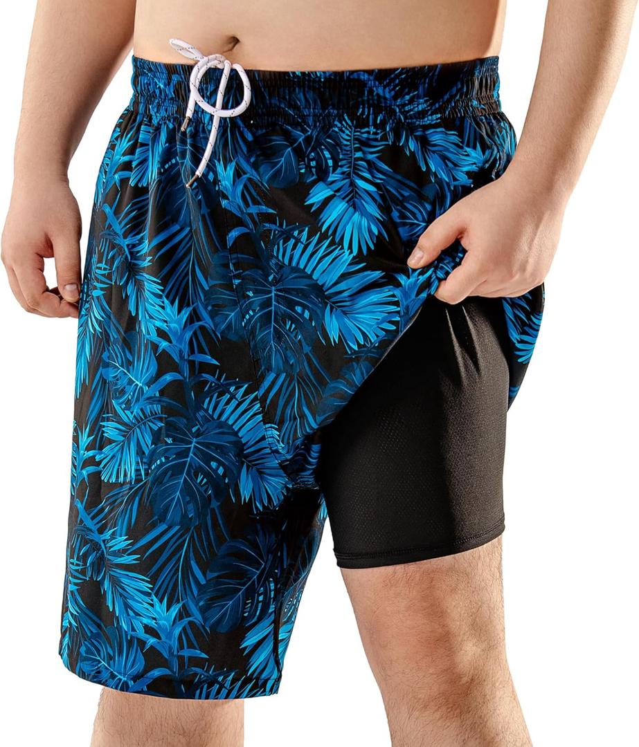 BRISIRA Big and Tall Mens Swim Trunks with Compression Liner Swimsuit Bathing Suit Swim Shorts Board Shorts Quick Dry 1X-6X (Blackbluetropical)