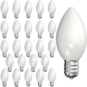 25 Pack C7 LED White Replacement Christmas Light Bulbs, 0.6 Watt White Plastic Night Light Bulbs for Outdoor String Lights, Candelabra Lamp, C7/E12 Candelabra Base