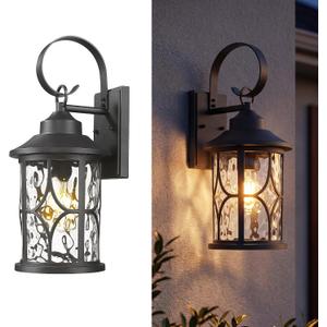 zeyu 19.5 Inch Outdoor Wall Lamp, 1-Light Large Outdoor Wall Lighting for House Porch, Die-Cast Aluminum in Black Finish, Water Ripple Glass, ZX111B-M BK-WG, 19.5'' - 1 Pack