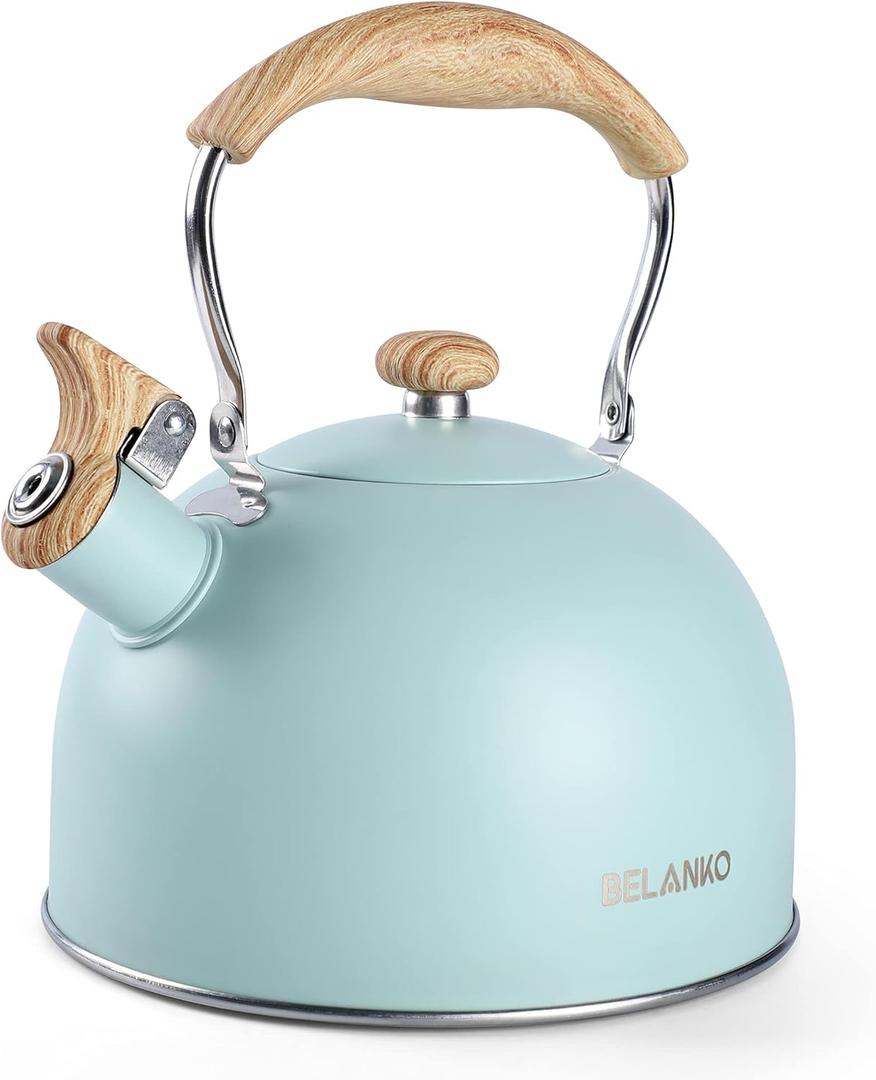 Tea Kettle, BELANKO 85 OZ / 2.5 Liter Whistling Tea Kettle, Tea Pots for Stove Top Food Grade Stainless Steel with Wood Pattern Folding Handle, Loud Whistle Kettle for Tea, Coffee, Milk - Turquoise