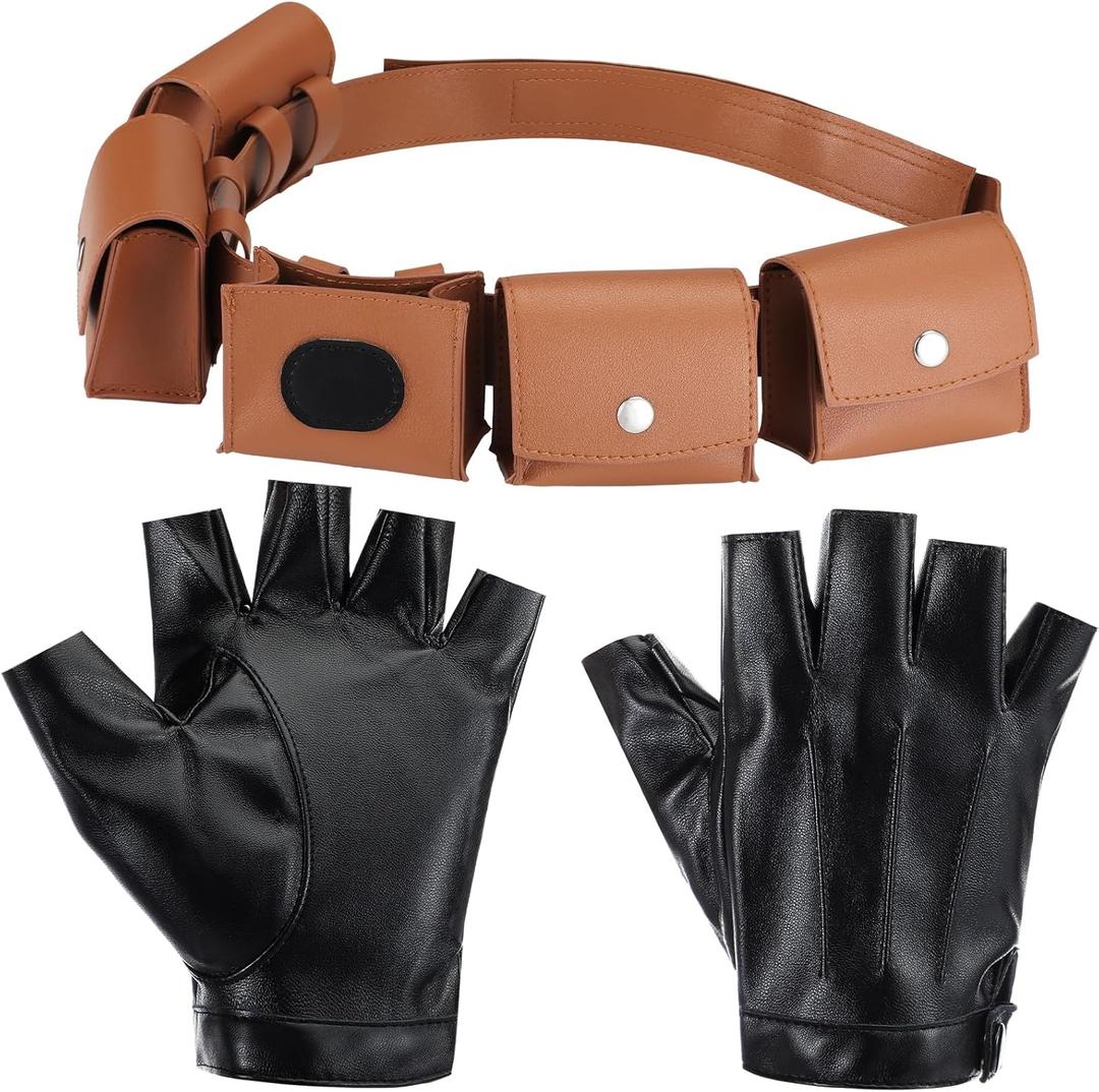 2 Pcs Halloween Cosplay Leather Utility Belt with PU Leather Fingerless Gloves Adjustable Women Mens Adult Accessories Belt for Halloween Cosplay