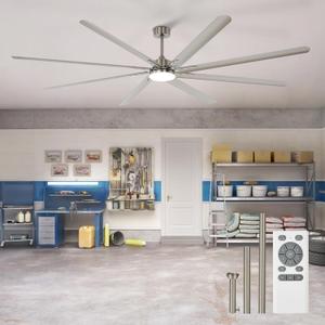 Outdoor Ceiling Fan with Remote: 100 Inch Large Fan - Industrial Ceiling Fan with Light for Patio Shop Garage Brushed Nickel Silver, 100 Inch With Light - 8 Blades