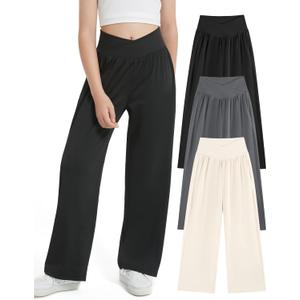 EXARUS 3 Pack Girls Lightweight Baggy Pants Straight/Tapered Wide Leg Pants Elastic Waist Flowy Pants with Pockets 6-14Y (14 Years, Set-1 Crossover Wide Leg)