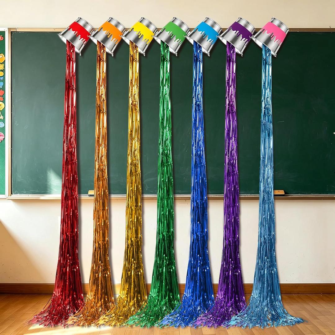 7 Sets Art Paint Party Decoration Back to School Paint Buckets with Rainbow Foil Fringe Curtain Art Theme DIY Colorful Splatter Backdrop Decoration for Birthday Classroom Art Party Favor