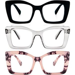 REAVEE Oversized Square Reading Glasses Oprah Style for Women, Blue Light Blocking Large Frame Computer Readers Spring Hinge (Black/Pink Leopard/Leopard)